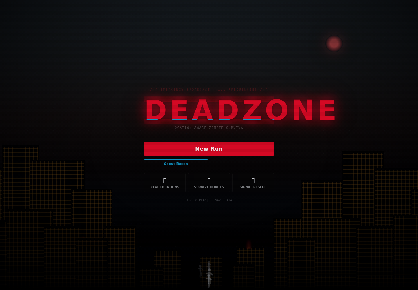 Deadzone's emergency-broadcast title screen over a ruined city skyline