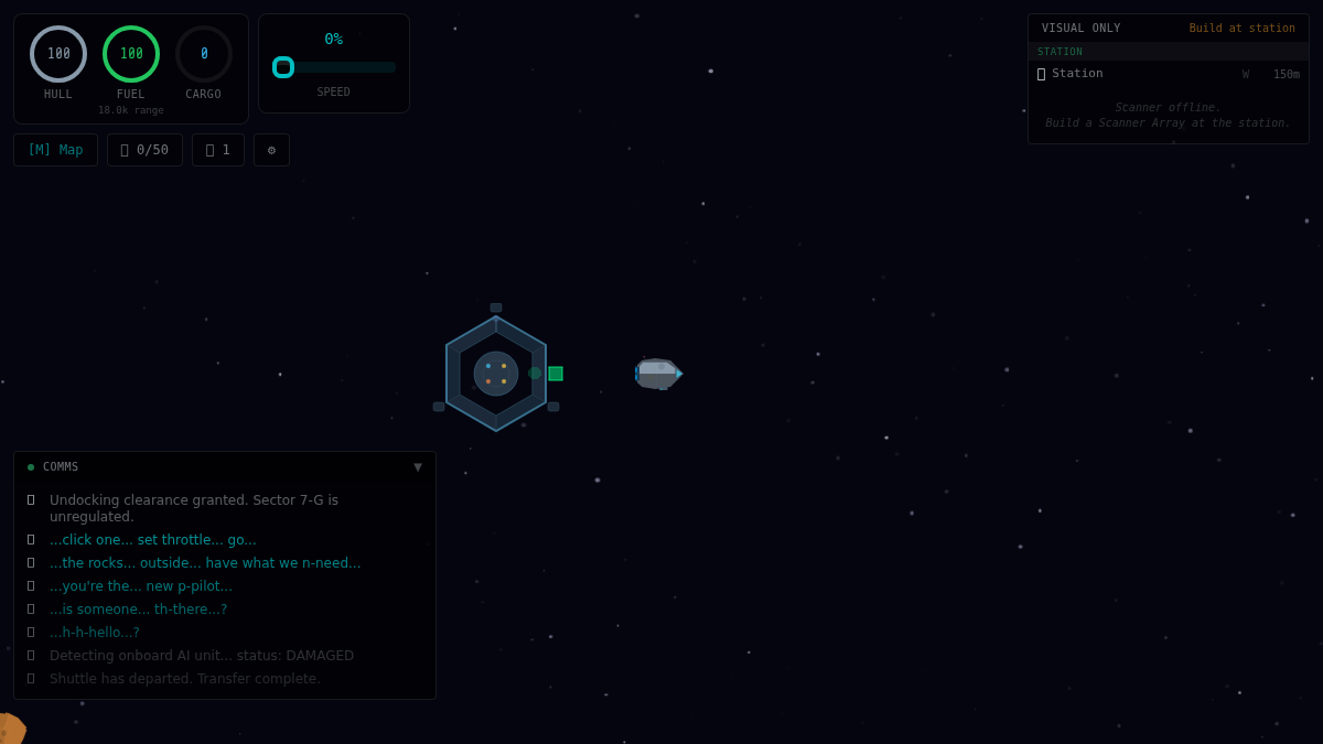 Space Rocks flight view with a ship undocking into an asteroid field